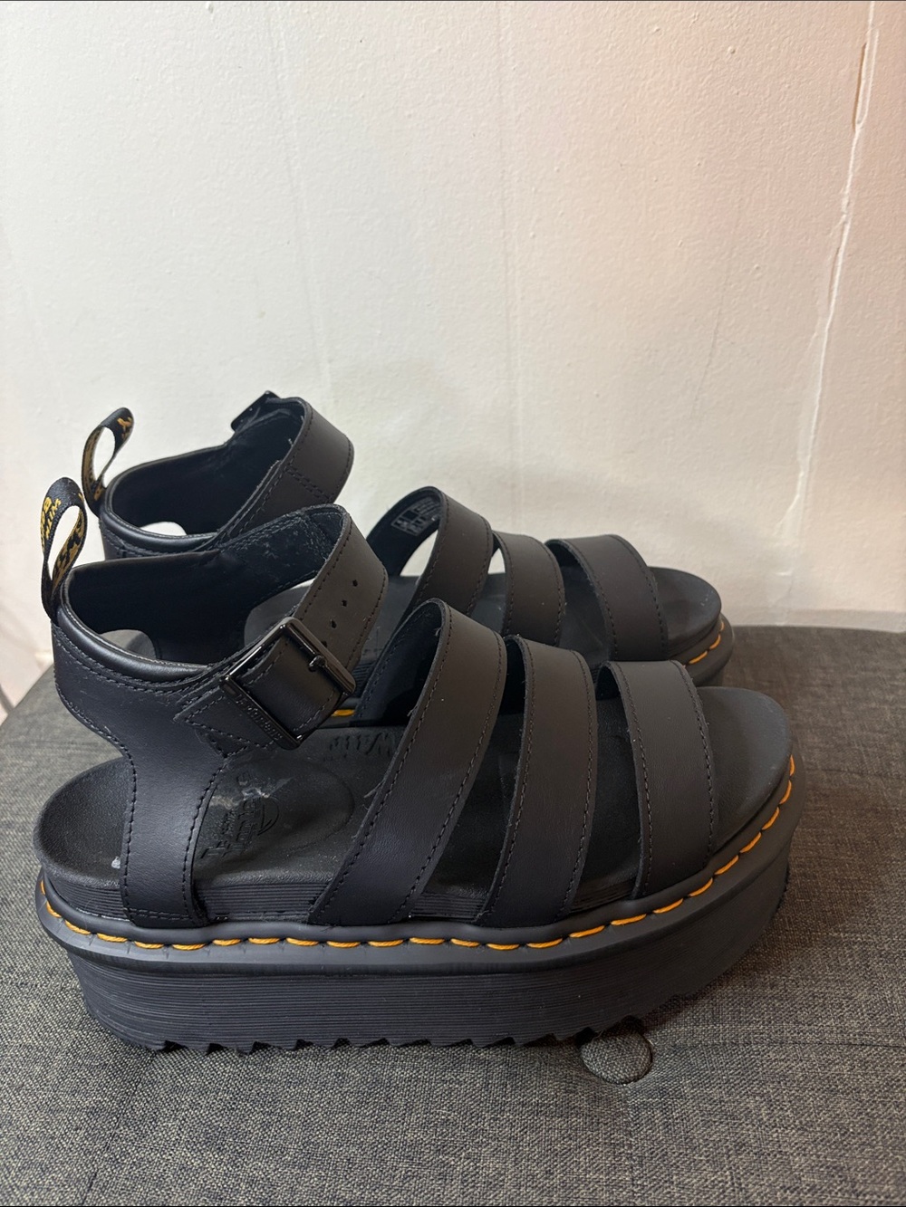 Dr. Martens Black Strappy Platform Sandals with Yellow Stitching